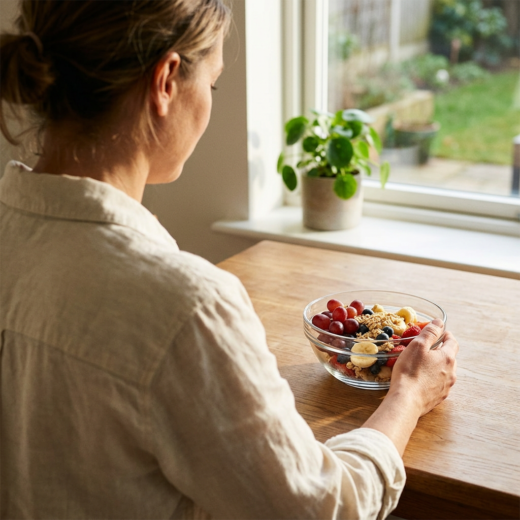 Voksen kvinde stiller glasskål med frugt på morgenbord; mad følger ikke med