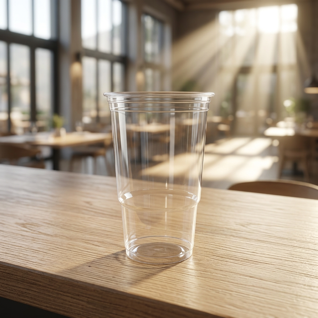 Tomt klart plastglas på et bord i et solrigt serveringslokale