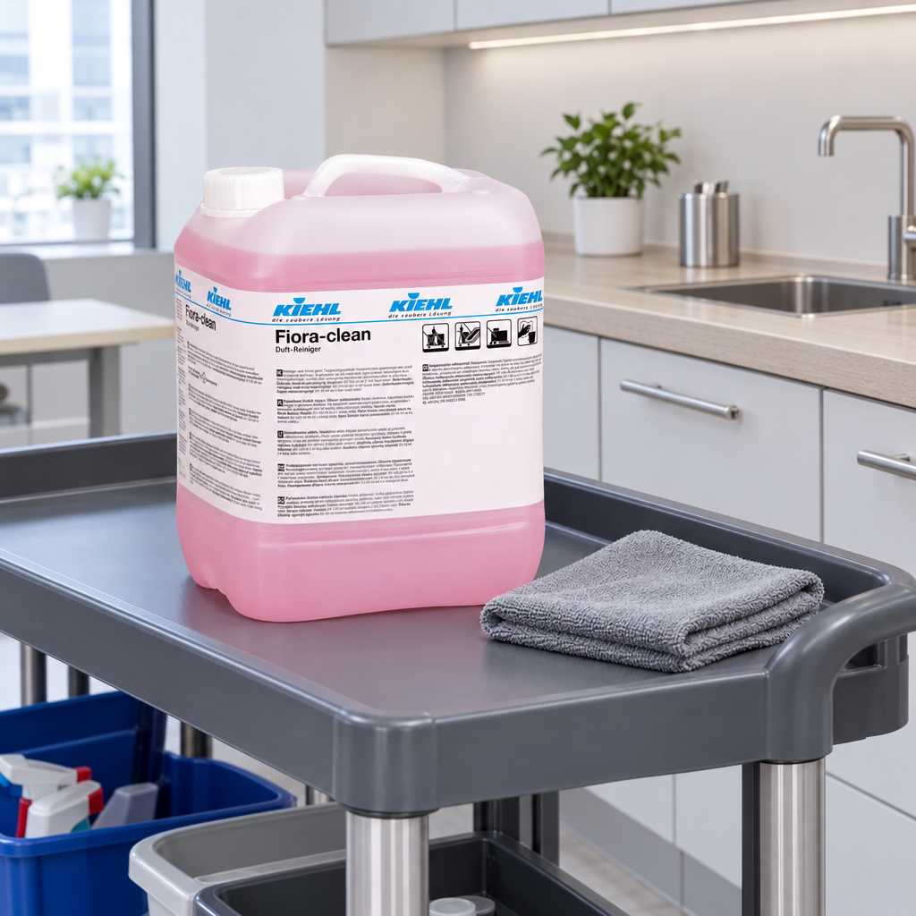 Kiehl Fiora-Clean 10 L på vogn ved arbejdsflade og grå klud