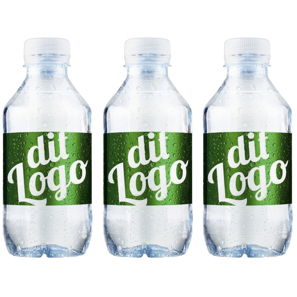 Tre logovandsflasker 0,30 liter med grøn dit Logo-eksempeletiket på hvid baggrund