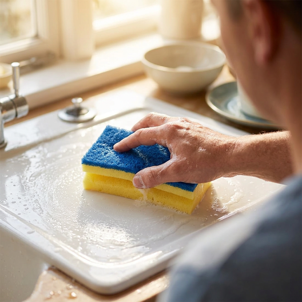 Stemningsbillede af voksen med gul og blå svamp ved håndvask