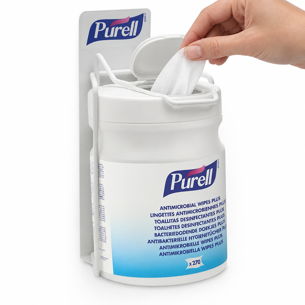Illustration af udtagning af en serviet fra bøtte i Purell-holder