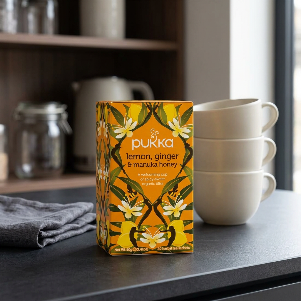 Pukka Lemon Ginger og Manuka Honey på en testation med kopper
