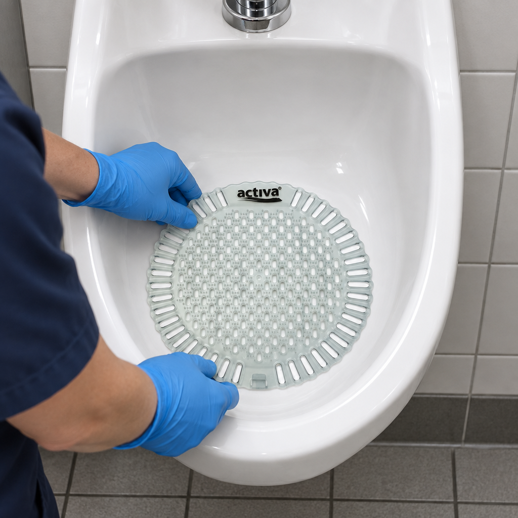 Medarbejder kontrollerer urinalmåttens placering med handsker
