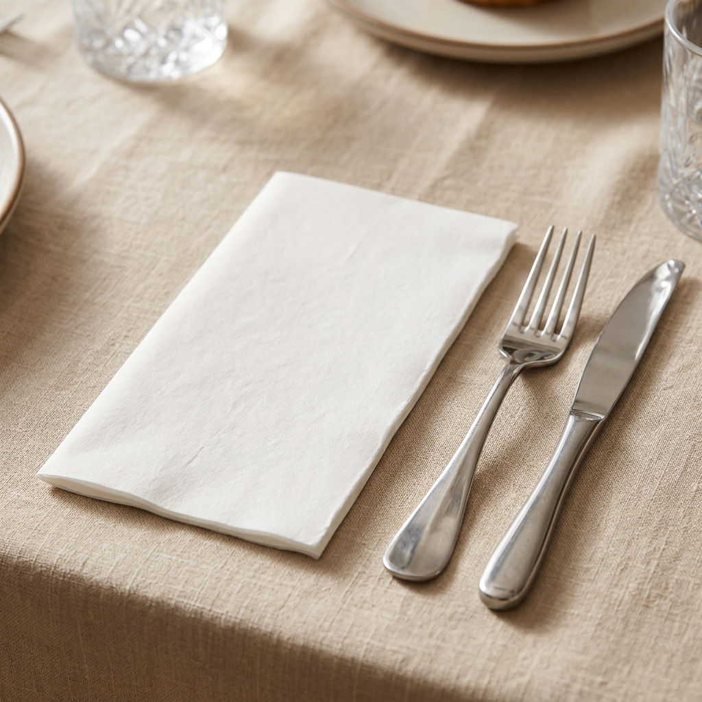 Hvid rektangulær serviet ved bestik på beige dug