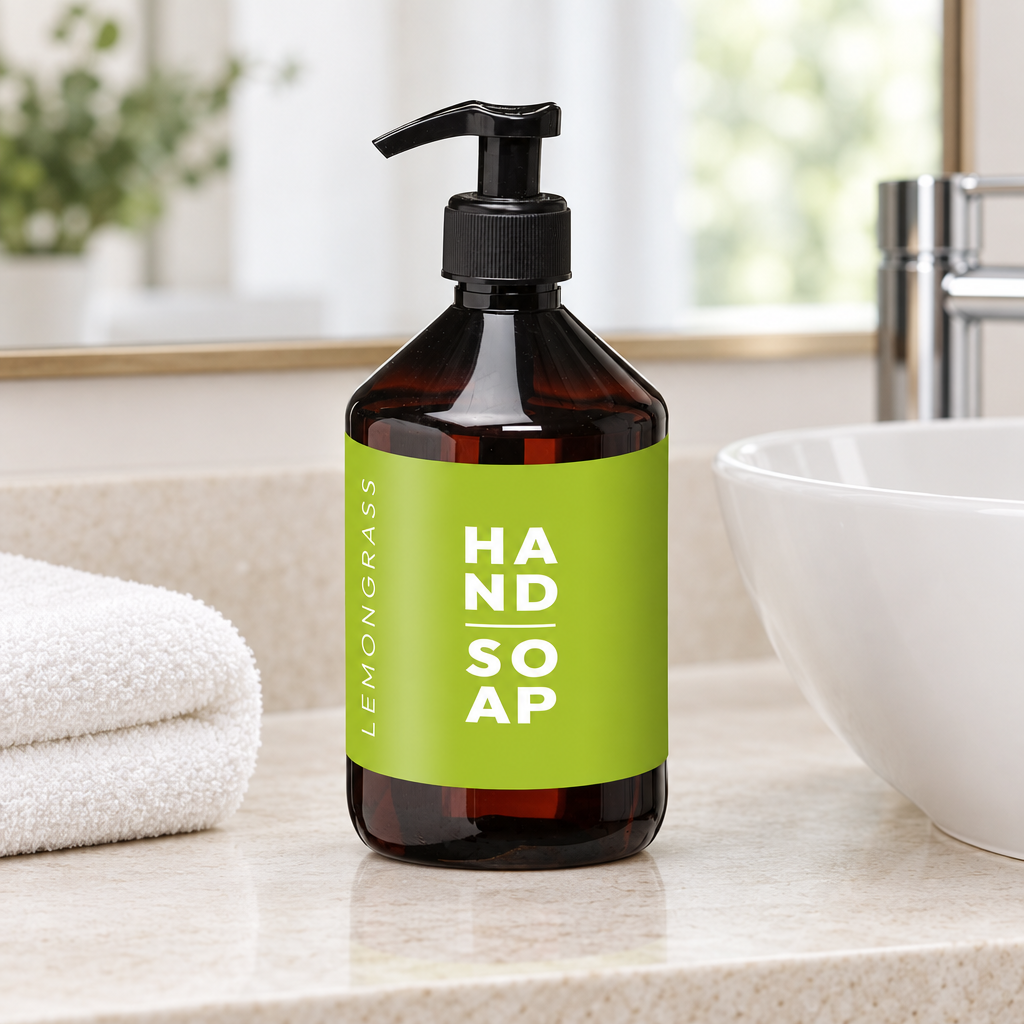 Luxus Lemongrass 500 ml pumpeflaske ved en håndvask med hvide håndklæder