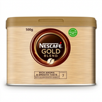 Nescafé Gold Blend instant kaffe i guldfarvet 500 g-dåse med låg på hvid baggrund