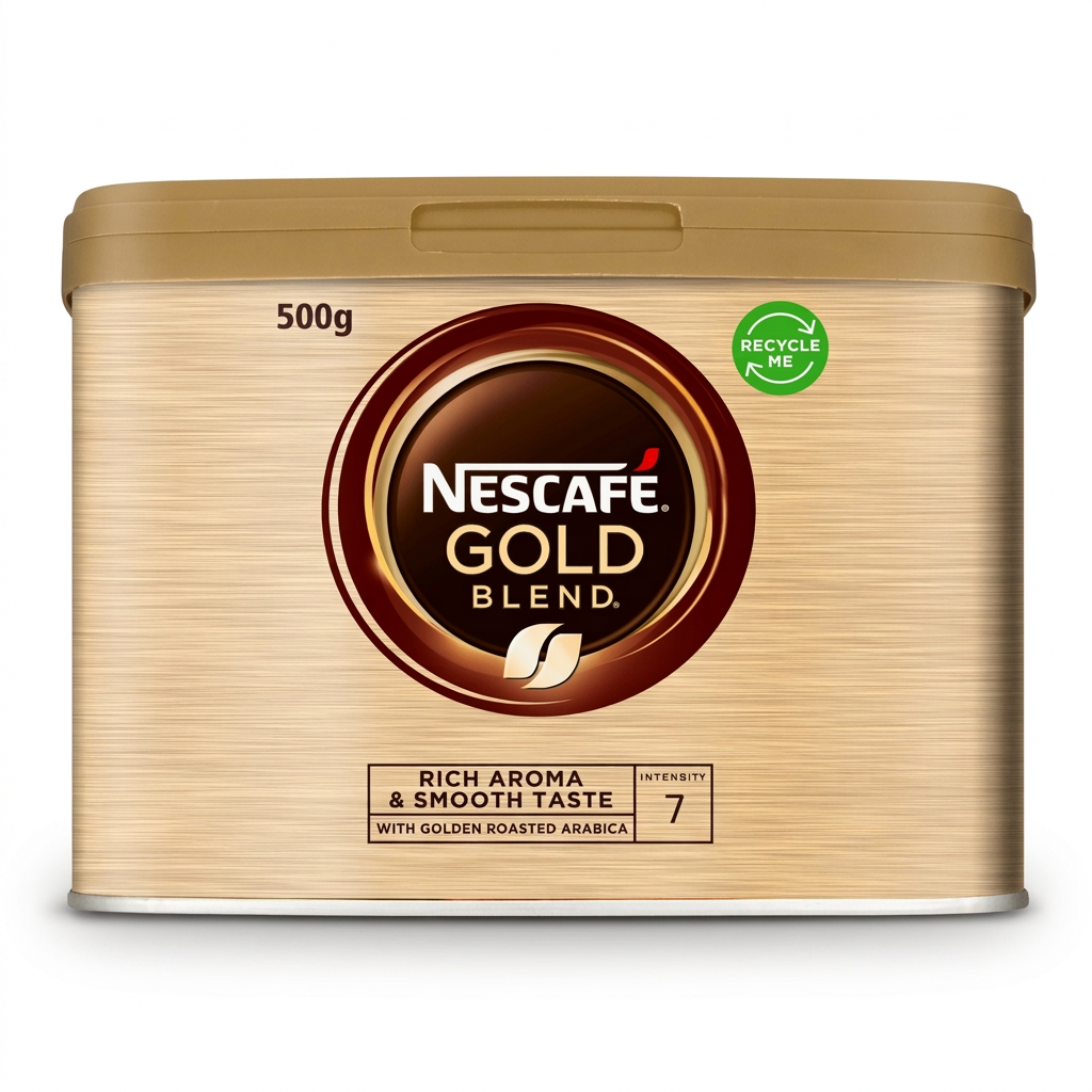 Nescafé Gold Blend instant kaffe i guldfarvet 500 g-dåse med låg på hvid baggrund