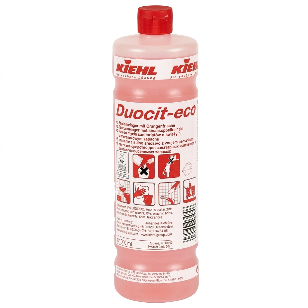 Kiehl Duocit-eco sanitetsrengøring 1 liter i lyserød flaske med rødt låg på hvid baggrund, varenummer 8149.