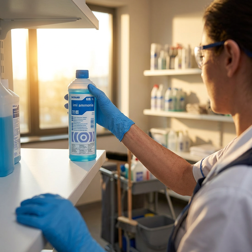 Medarbejder med handsker og sikkerhedsbriller stiller Imi Ammonia på en hylde