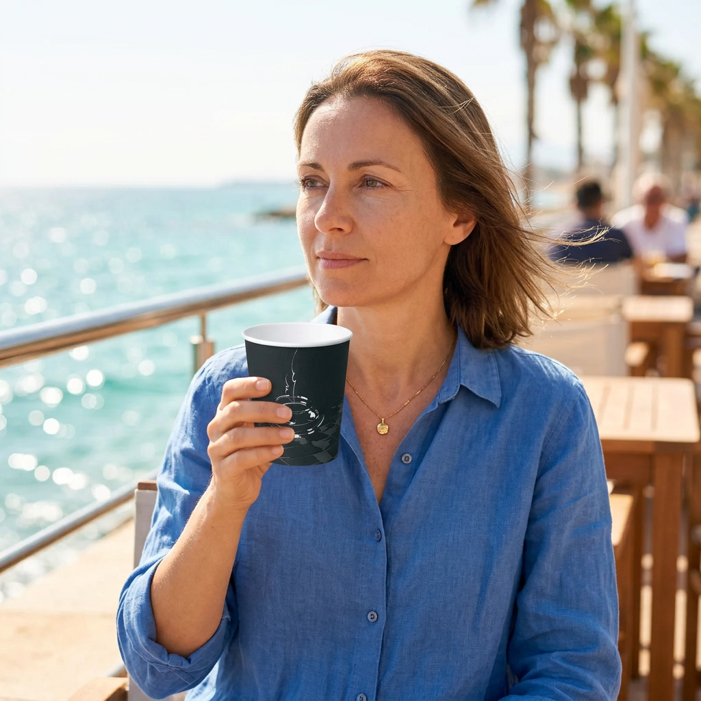 Voksen med sort kaffebæger med kaffekopmotiv ved solrig havnecafé