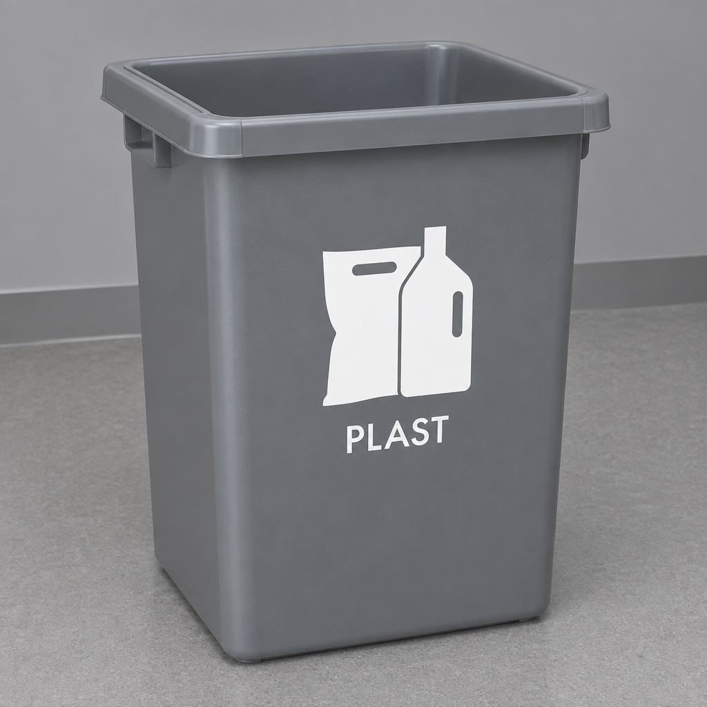 Grå affaldsbeholder med hvid plastmærkning uden baggrund