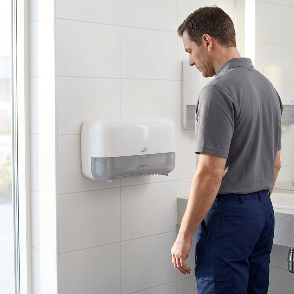 Voksen medarbejder ved lukket hvid Tork Twin-dispenser under rutinekontrol, miljøillustration.