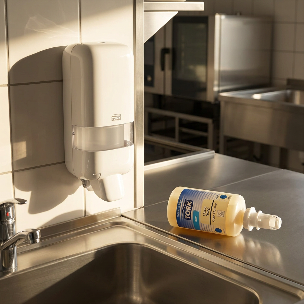 Tork Odor-Control S4 sæberefill ved hvid Tork S4-dispenser i sollyst køkken. Dispenser medfølger ikke.
