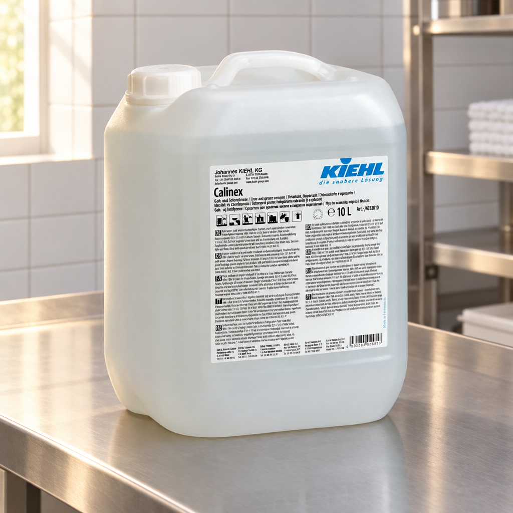 Kiehl Calinex 10 L ved klargøringsbord i flisebeklædt sanitært serviceområde