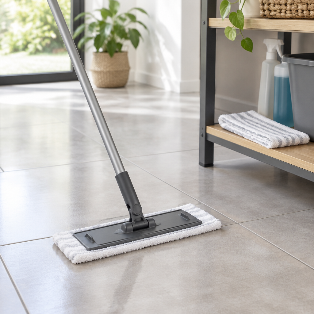 Stemningsbillede af gulvrengøring med generisk mikrofibermoppe, ikke foto af konkrete Vileda-mopper