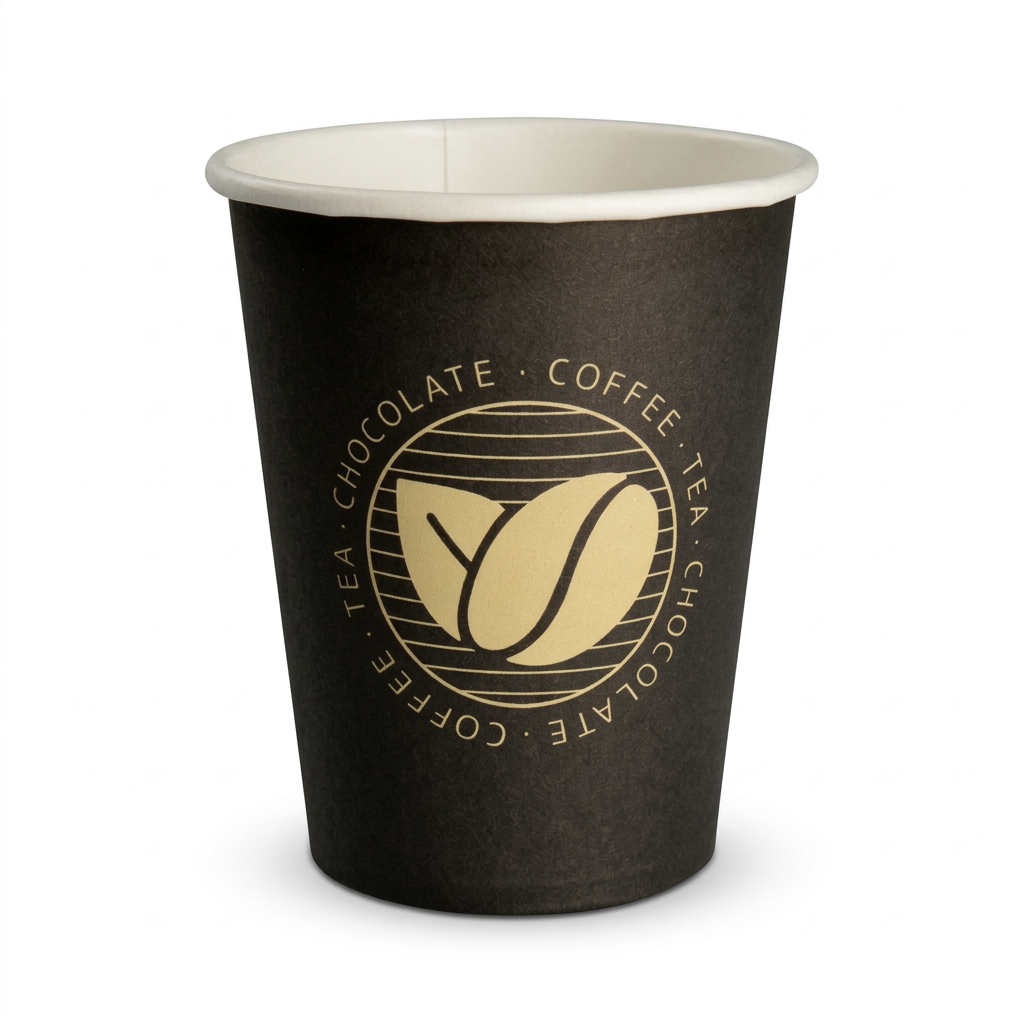 ABENA Gastro Beans kaffebæger 24 cl i sort med gyldent bønnemotiv og hvid kant på hvid baggrund