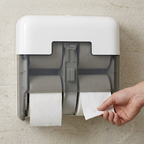 Voksen hånd tager toiletpapir fra hvid Tork OptiServe T7-dispenser