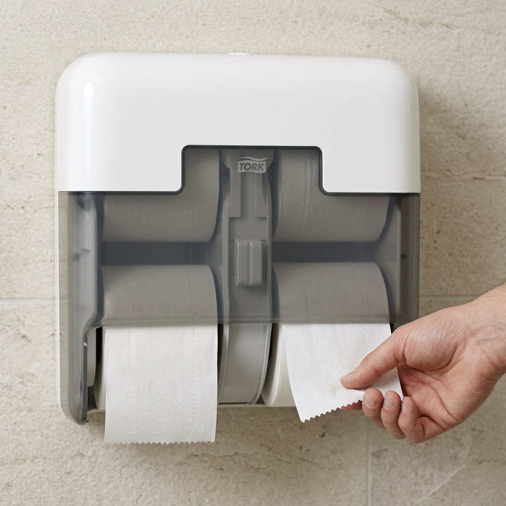 Voksen hånd tager toiletpapir fra hvid Tork OptiServe T7-dispenser