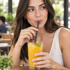 Voksen drikker kold juice gennem sort lige sugerør på café