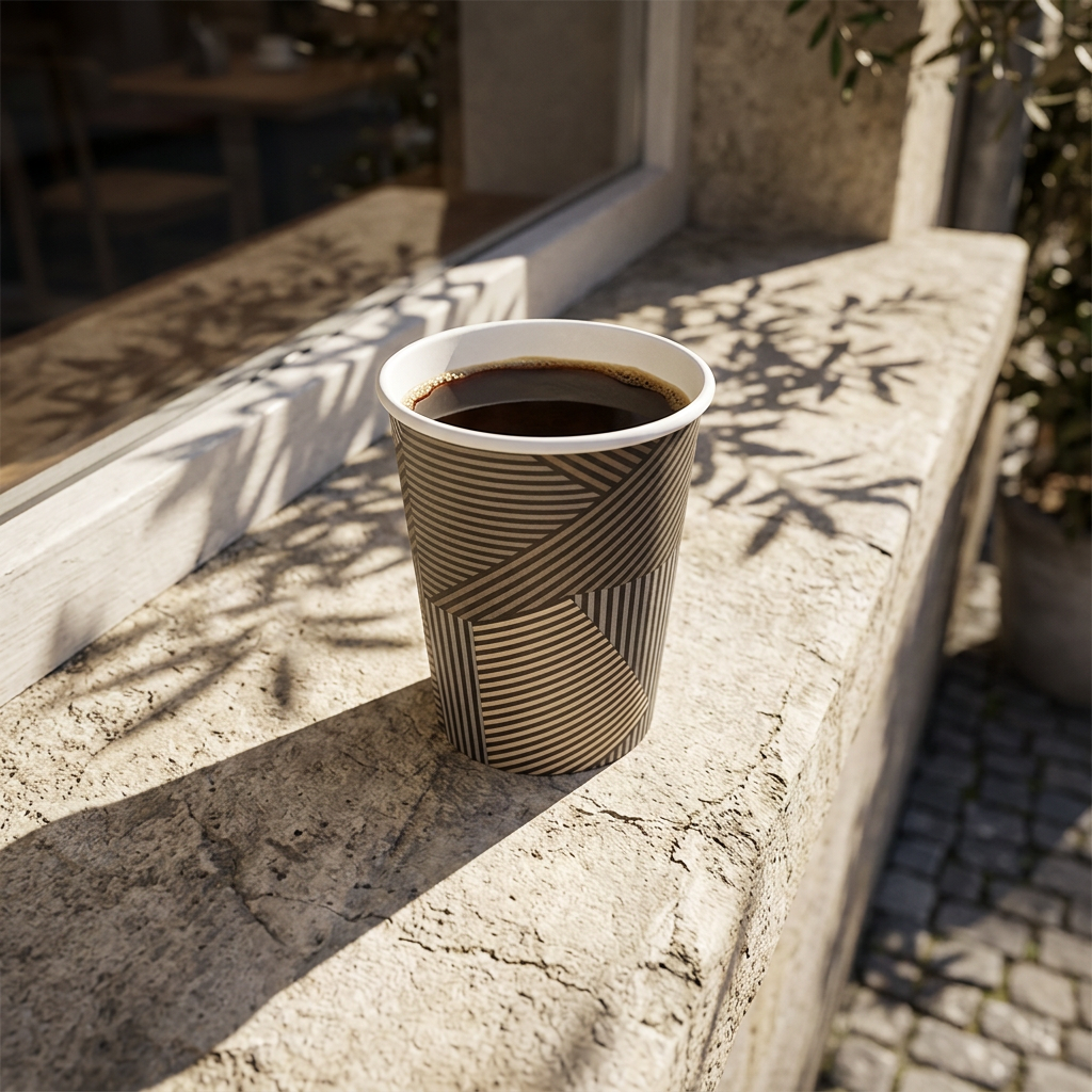 ABENA Gastro Lines kaffebæger med kaffe i solrig cafévindueskarm