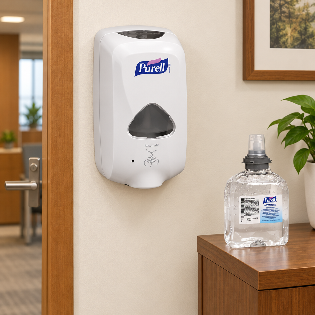 Miljøforslag med Purell TFX-12 dispenser og separat refill ved kontorindgang