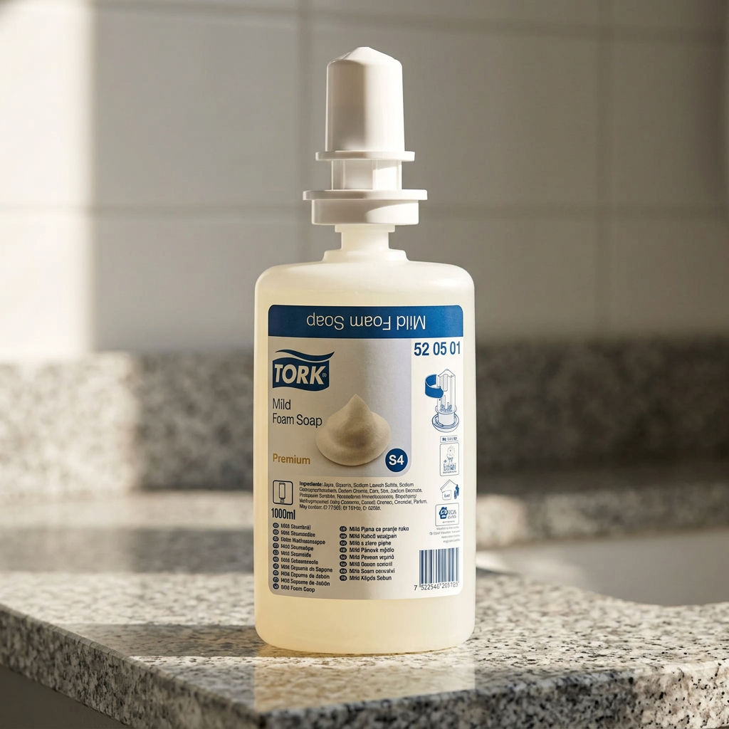 Tork Mild 520501 S4-skumsæberefill på et solbelyst servicebord
