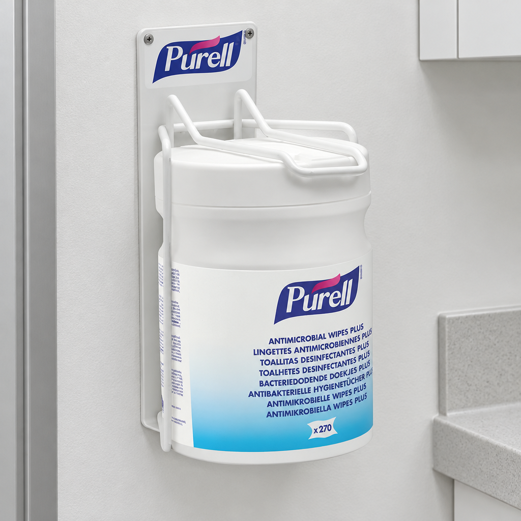 Purell-holder med illustrerende servietbøtte i klinikmiljø