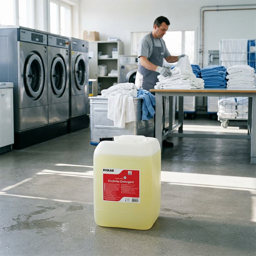 Ecobrite Detergent i forgrunden med medarbejder ved tekstilsortering i baggrunden, stemningsbillede