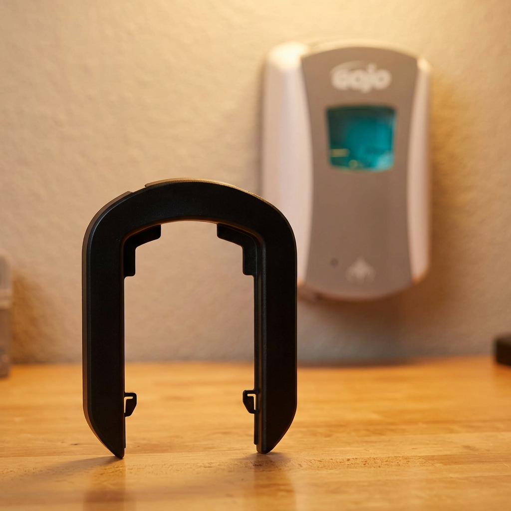 Sort LTX-7-vægplade på arbejdsbord i servicerum med GOJO-dispenser i baggrunden