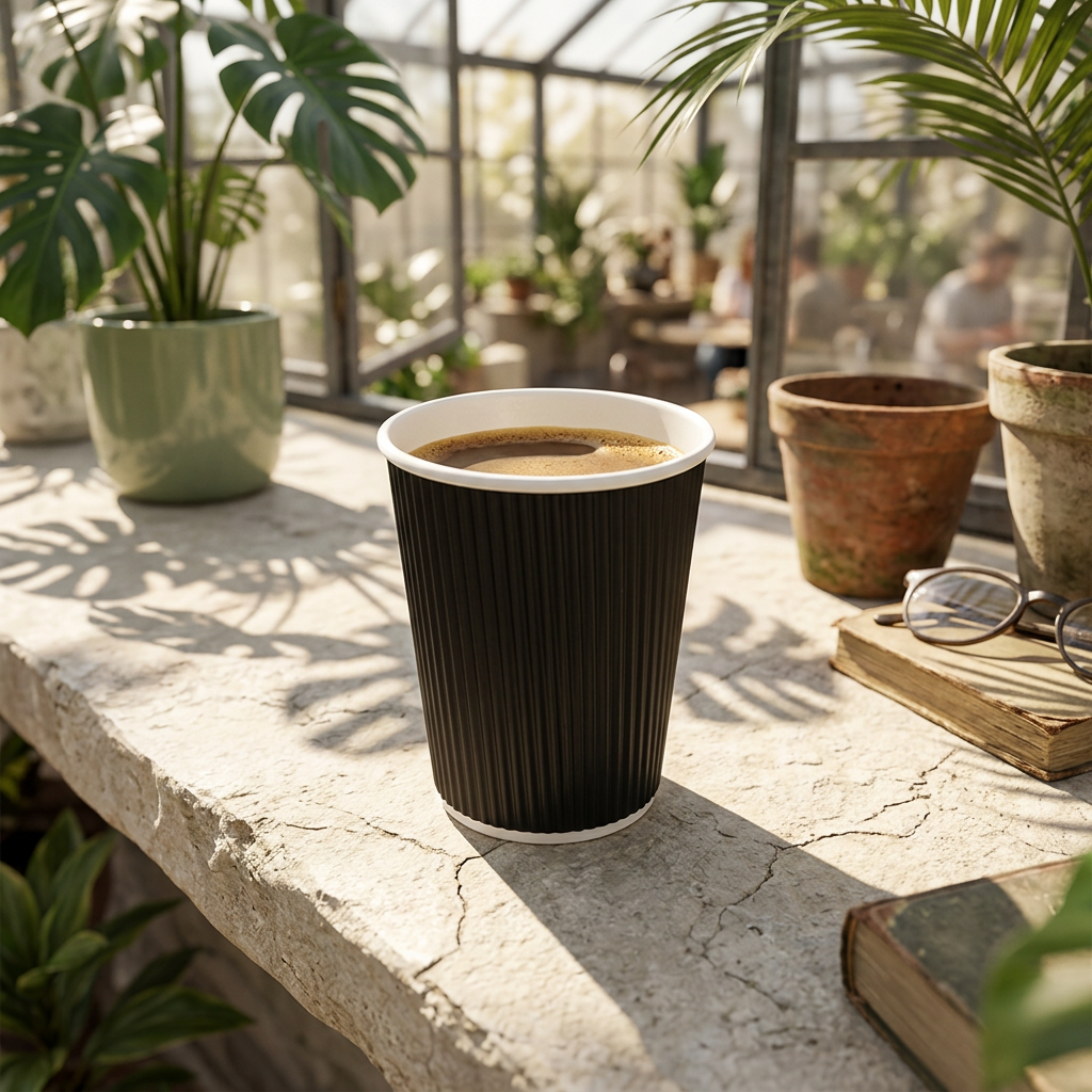 Sort Ripple Wall kaffebæger med kaffe på stenbord i solrig drivhuscafé