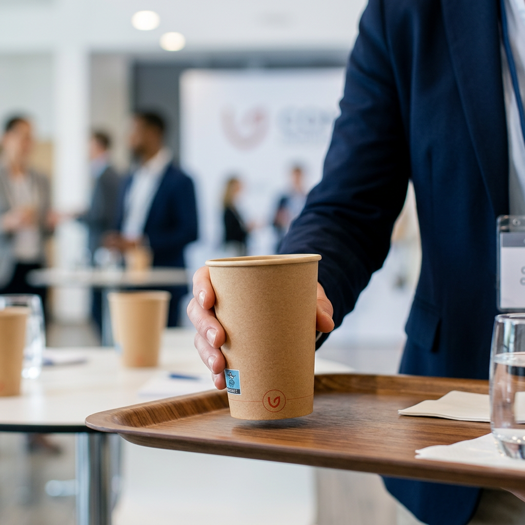 Voksen konferencedeltager placerer brunt Verive-kaffebæger på serveringsbakke