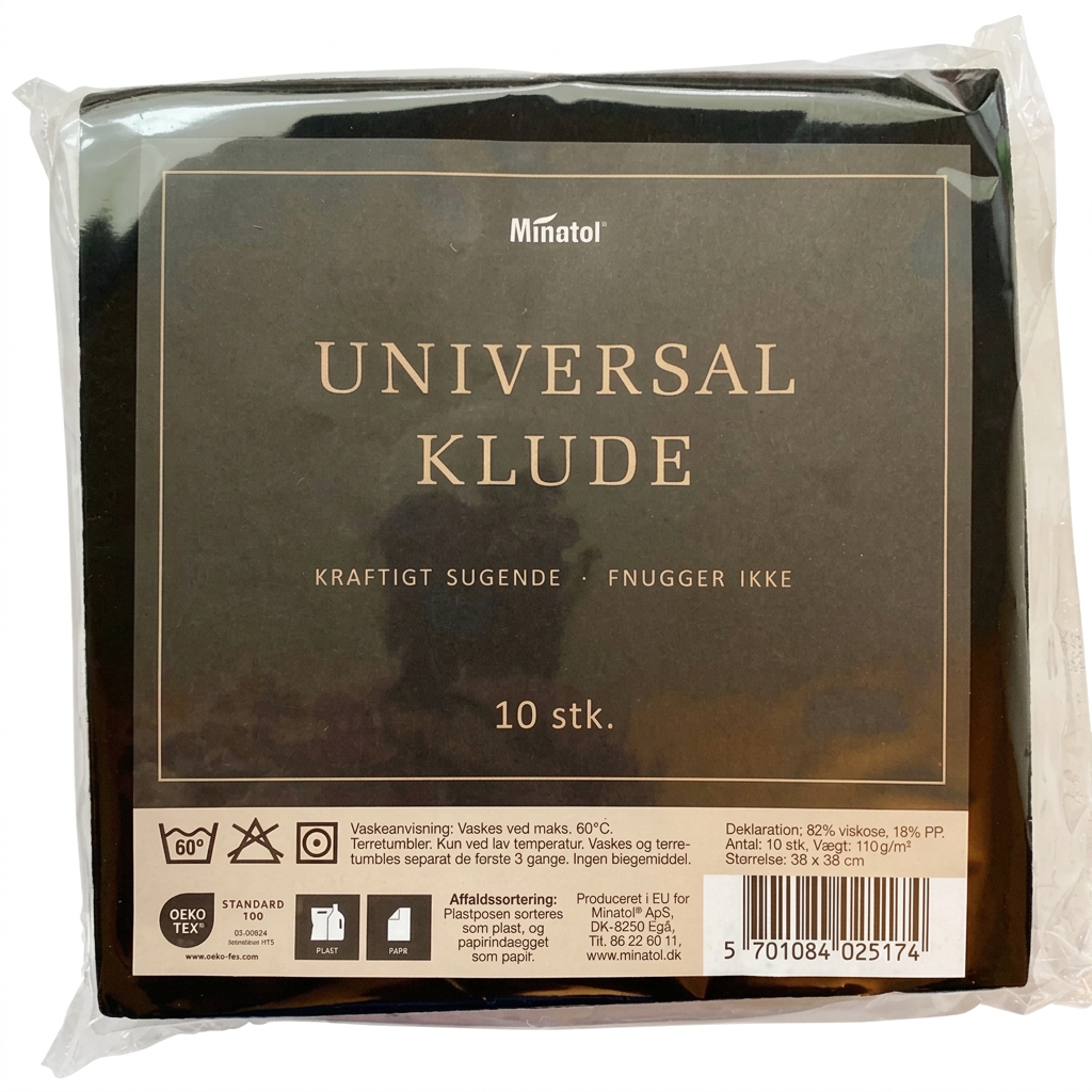 Minatol sorte universalklude i pakke med 10 stk. på hvid baggrund