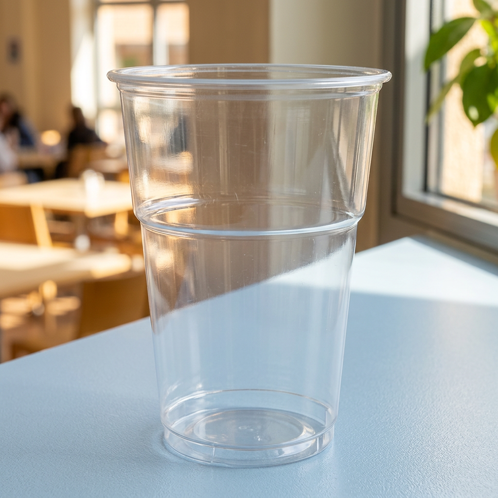 Tomt klart plastglas på et bord i en lys kantine