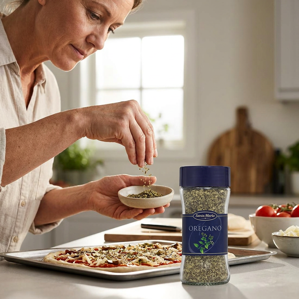 Kvinde krydrer pizza med oregano, Santa Maria-glasset står ved siden af