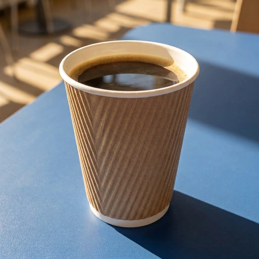Brunt kaffebæger uden tryk med kaffe på blåt bord i solrig kantine