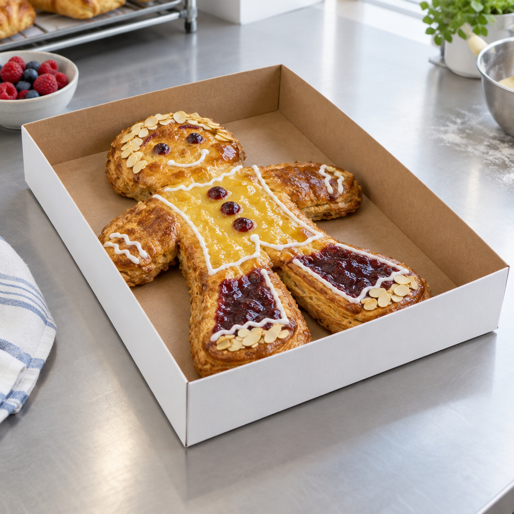 Stemningsbillede af kagemand i lav papæske, ikke foto af den konkrete kagemandsæske
