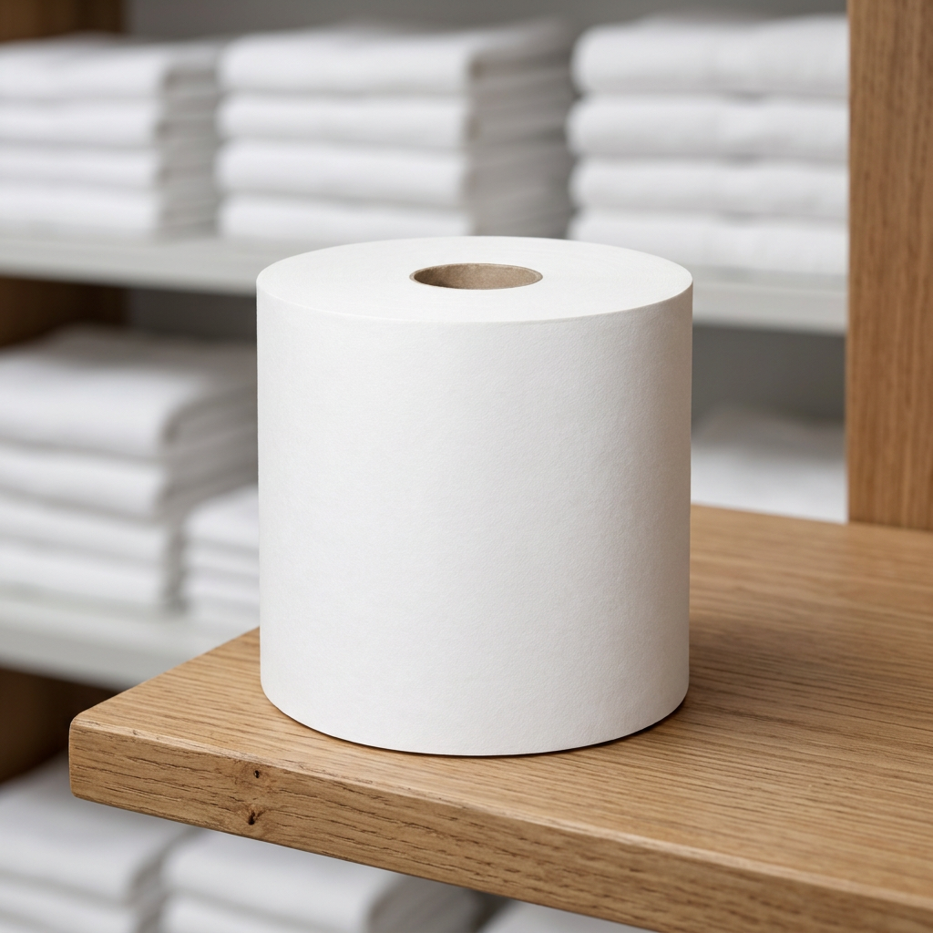 Hvid SmartOne Mini-toiletrulle på ren træhylde i depot