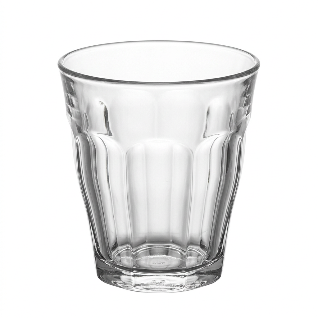 Duralex Picardie caféglas 13 cl i klart hærdet glas på hvid baggrund