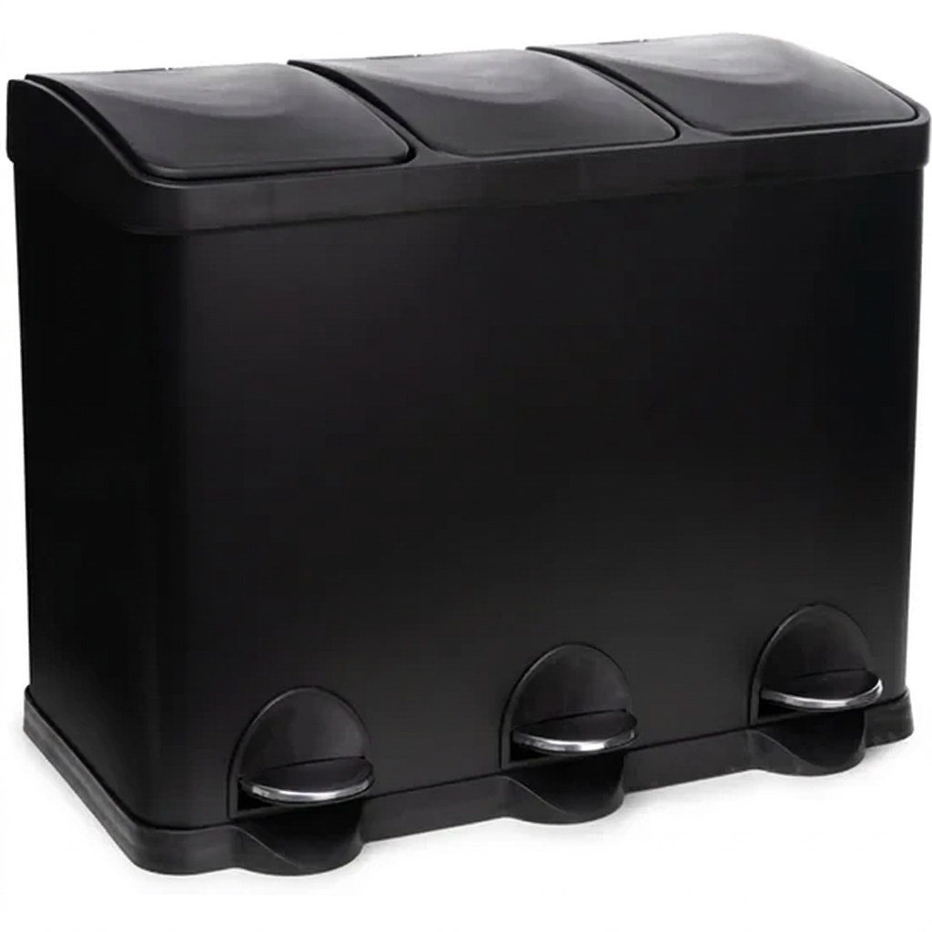 Sort Pacific-affaldsstation med tre låg og tre pedaler, 3 × 20 liter, på hvid baggrund