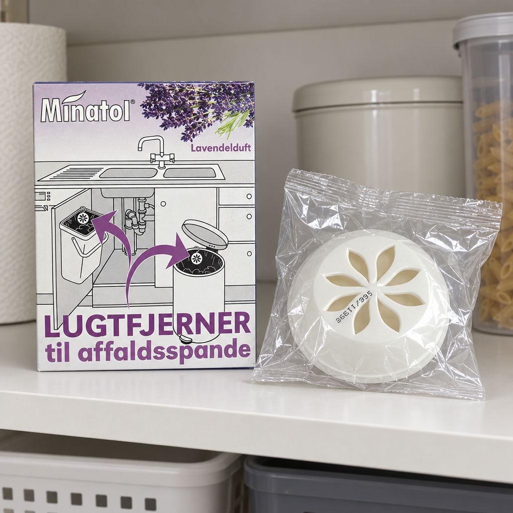 Stemningsillustration af Minatol lavendel-lugtfjerner med emballage på køkkenhylde