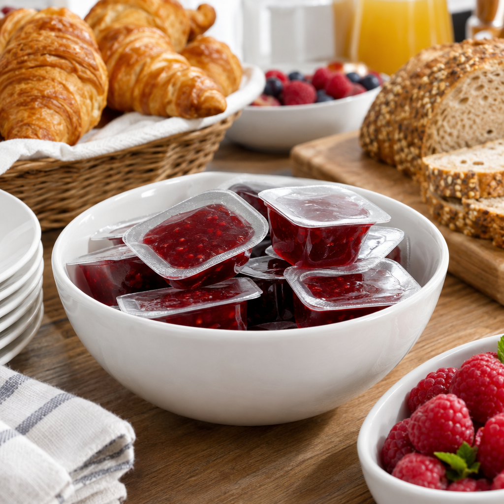 Stemningsbillede af marmeladeportioner på morgenbuffet