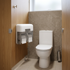 Hvid Tork OptiServe T7-dispenser ved toilet i kabine med træskillevæg