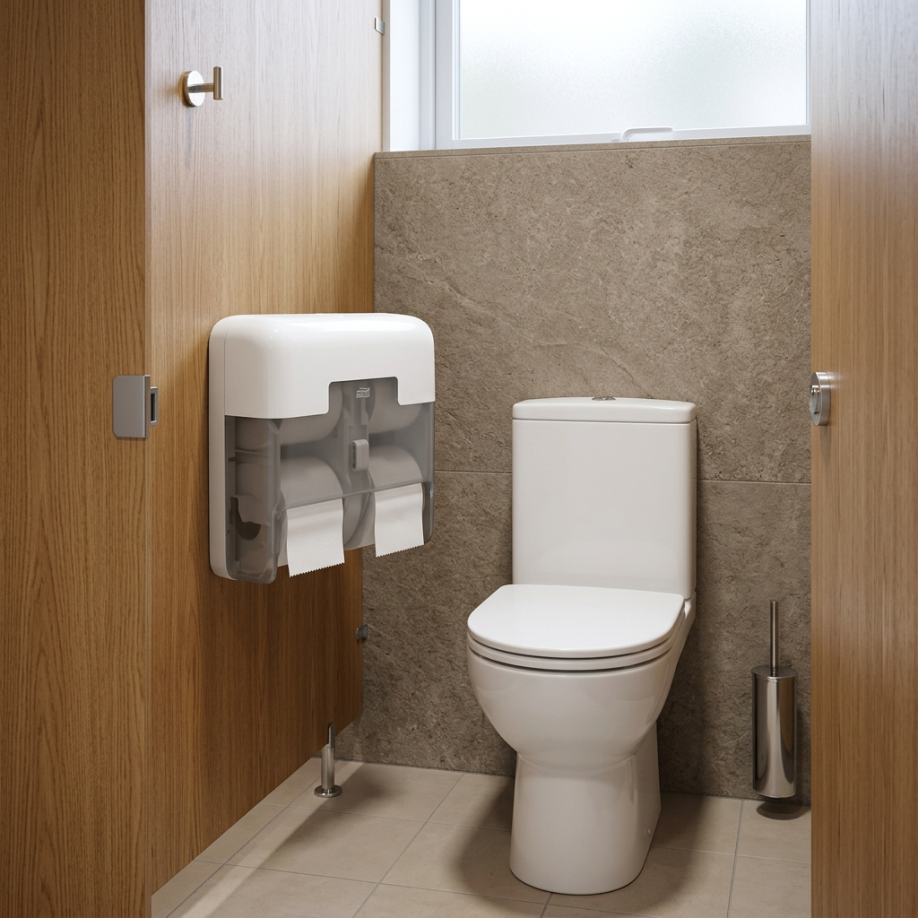 Hvid Tork OptiServe T7-dispenser ved toilet i kabine med træskillevæg