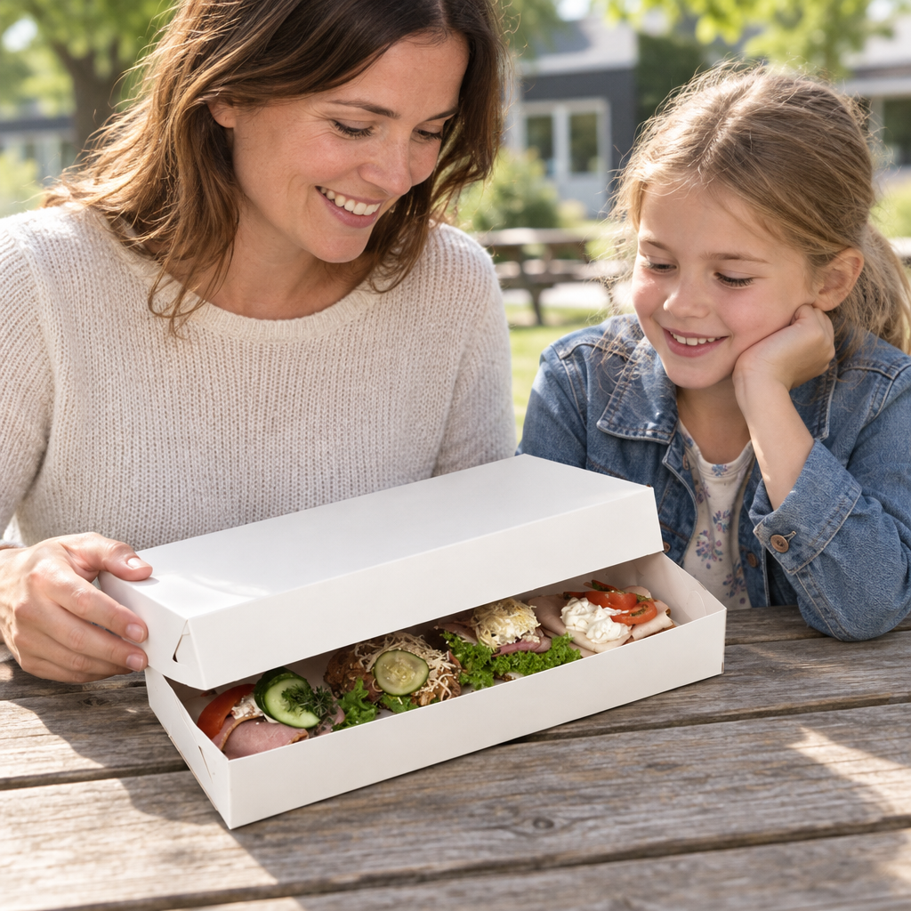 Voksen og barn ved picnic med hvid smørrebrødsæske og delvist åbent låg
