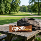 Corny Big Chokolade ved rygsæk på picnicbord, stemningsbillede