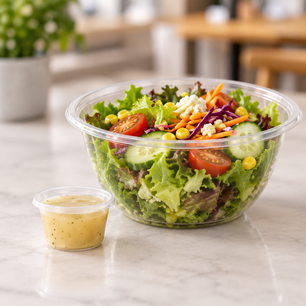 Lille klart dipbæger med dressing ved siden af en større salatskål
