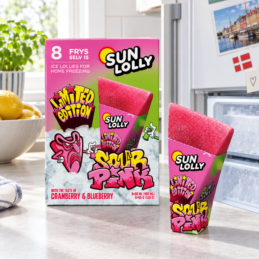Stemningsillustration af Sun Lolly Sour Pink-æske og is i køkken, baseret på produktfoto