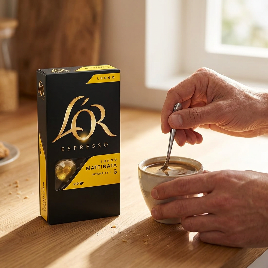 Lungo røres i koppen ved siden af L’OR Lungo Mattinata 5