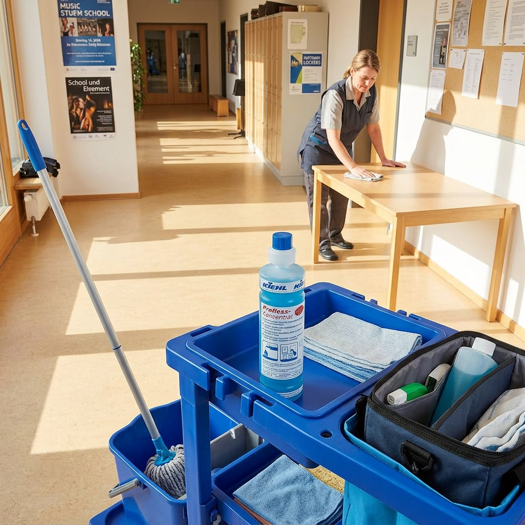Profless-Koncentrat på rengøringsvogn ved voksen medarbejders aftørring af bord i solrig skolegang, stemningsbillede